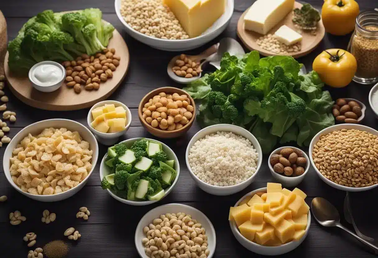 A table set with a variety of calcium-rich foods, including dairy products, leafy greens, and fortified cereals, surrounded by images of people of different ages, from infants to seniors