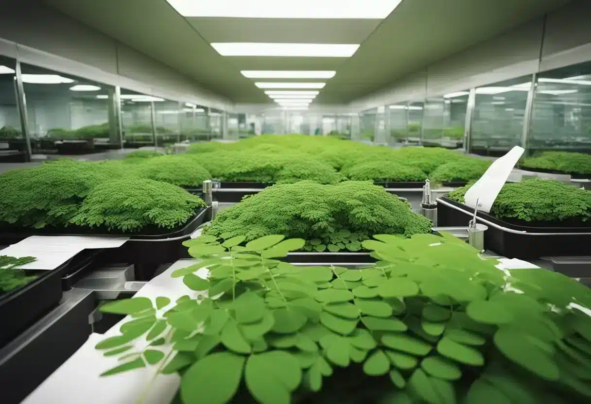 Lush moringa plants surrounded by research papers and scientific equipment