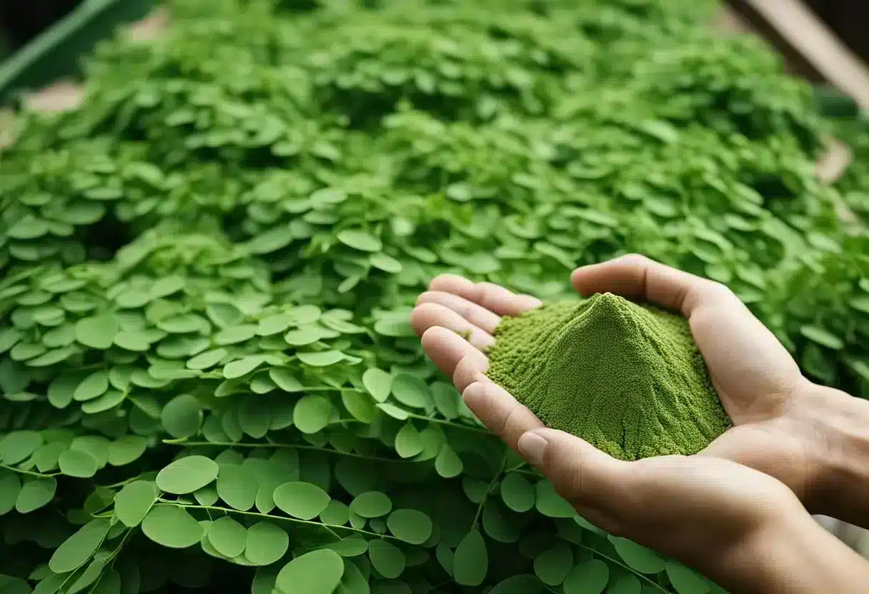 Moringa leaves and pods being harvested and processed into powder and oil for use in food, medicine, and skincare products