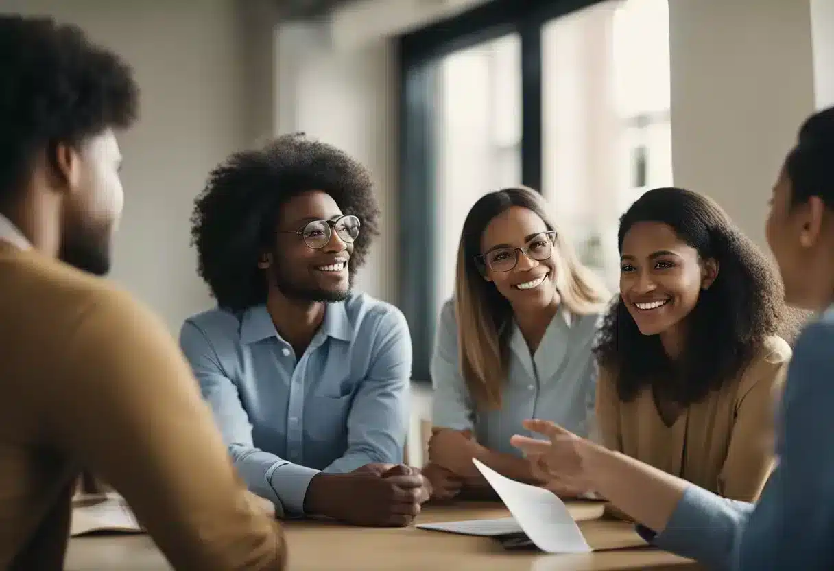 A group of diverse individuals engage in a discussion about safe sex practices, while a healthcare professional provides information and distributes educational materials on chlamydia prevention