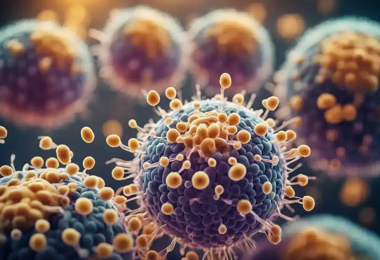 A microscope revealing chlamydia bacteria invading healthy cells