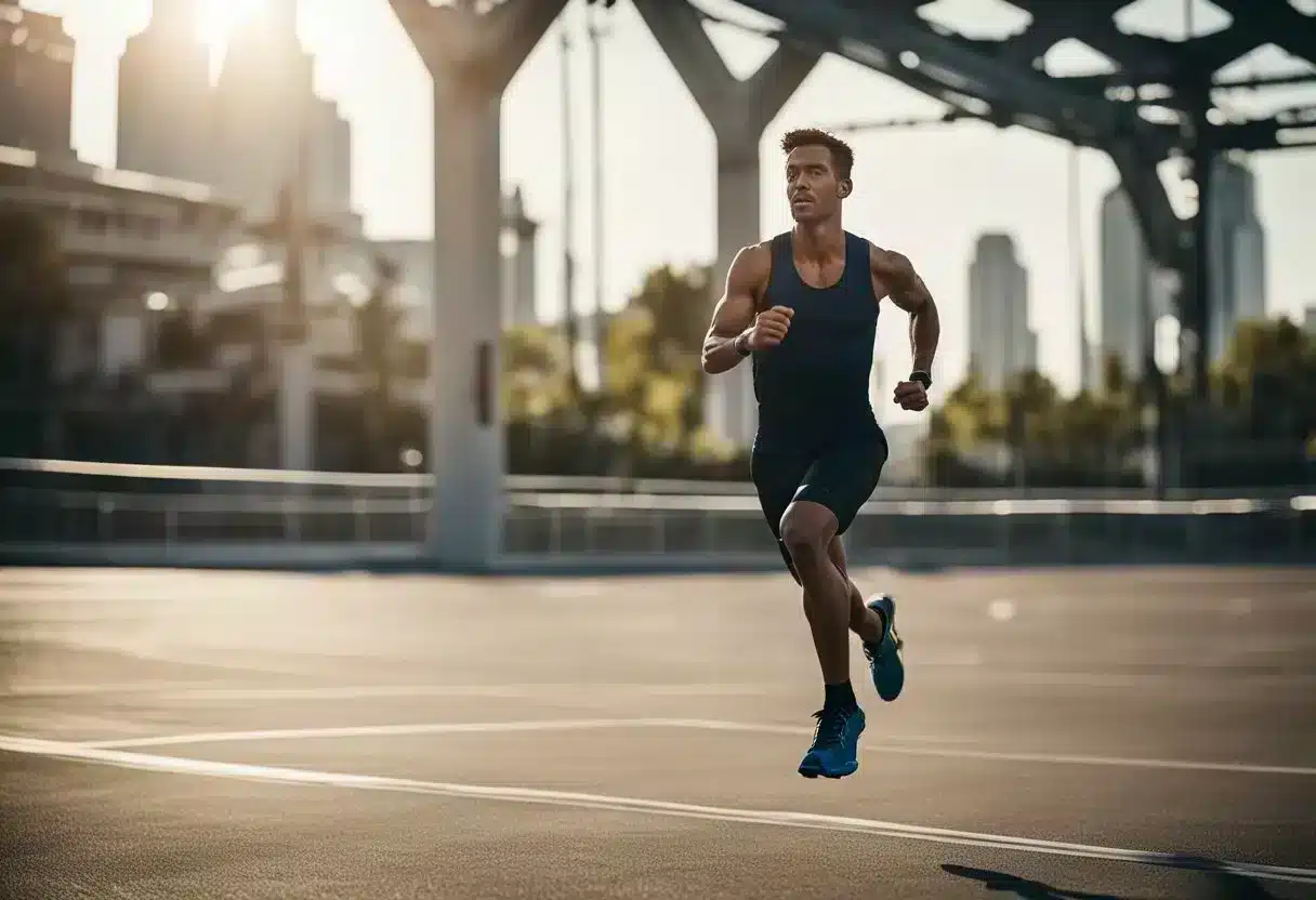 A person performing various cardio exercises: running, cycling, jumping rope, and swimming