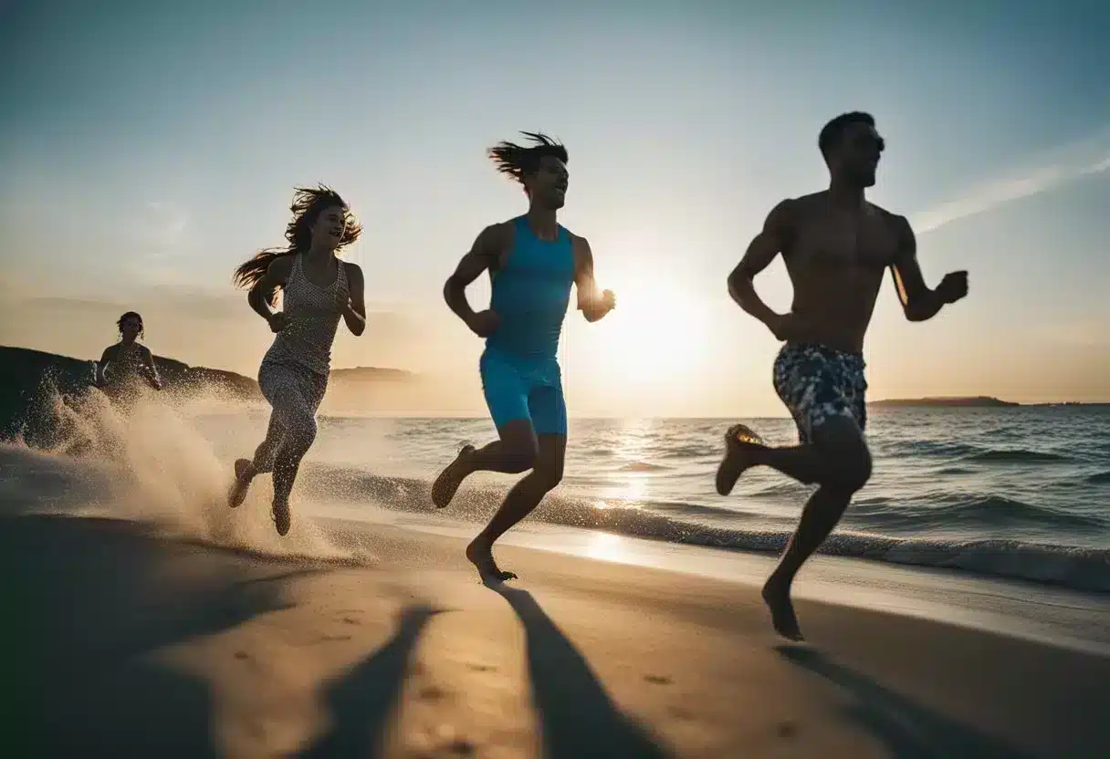 People running, cycling, swimming, jumping rope, and dancing