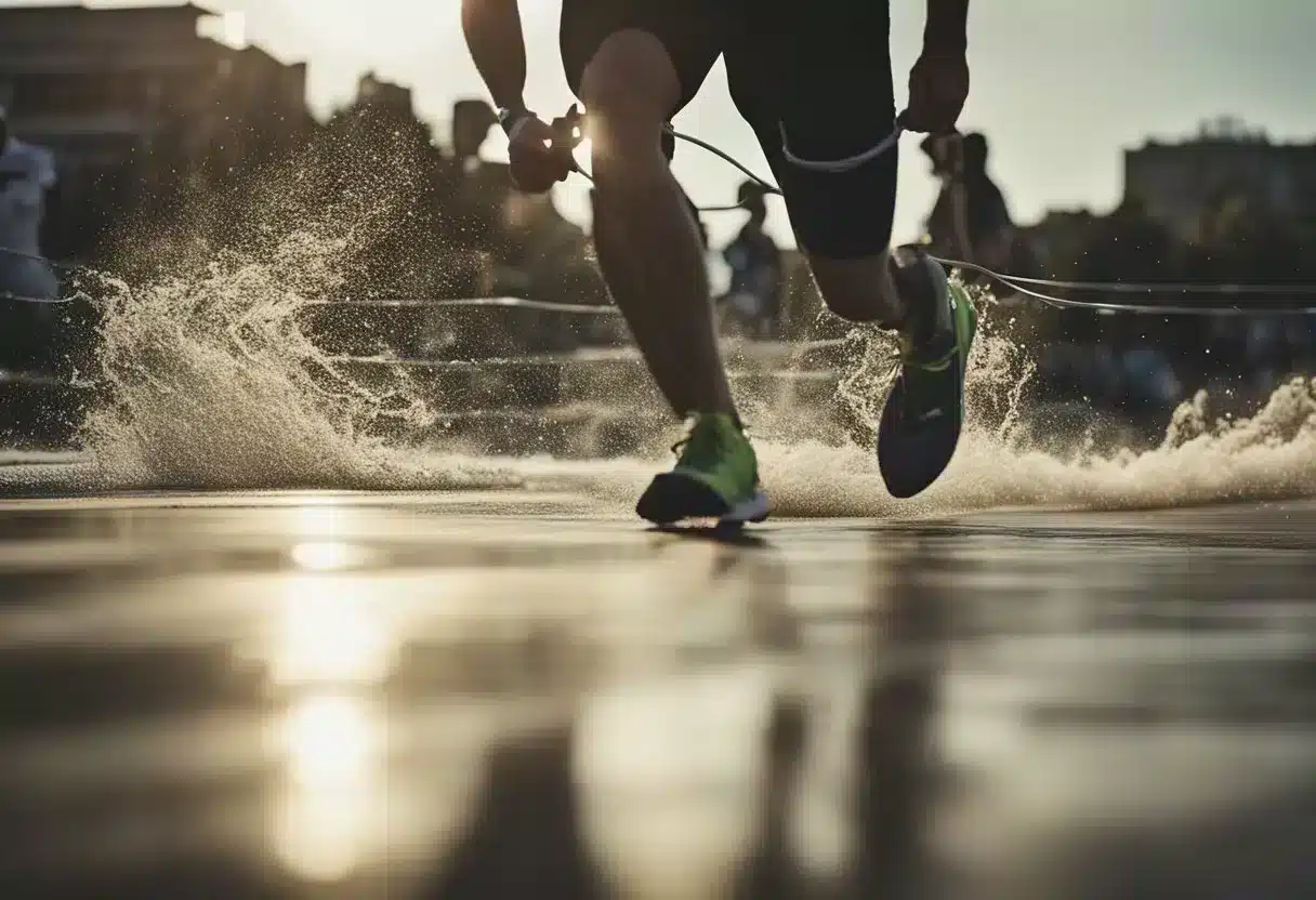 People running, cycling, swimming, and jumping rope