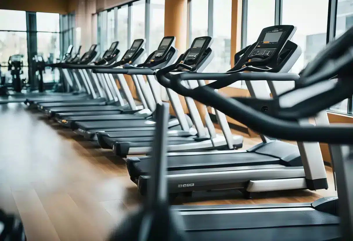 A gym with various cardio machines arranged in rows, including treadmills, stationary bikes, and elliptical trainers. Bright, energetic atmosphere