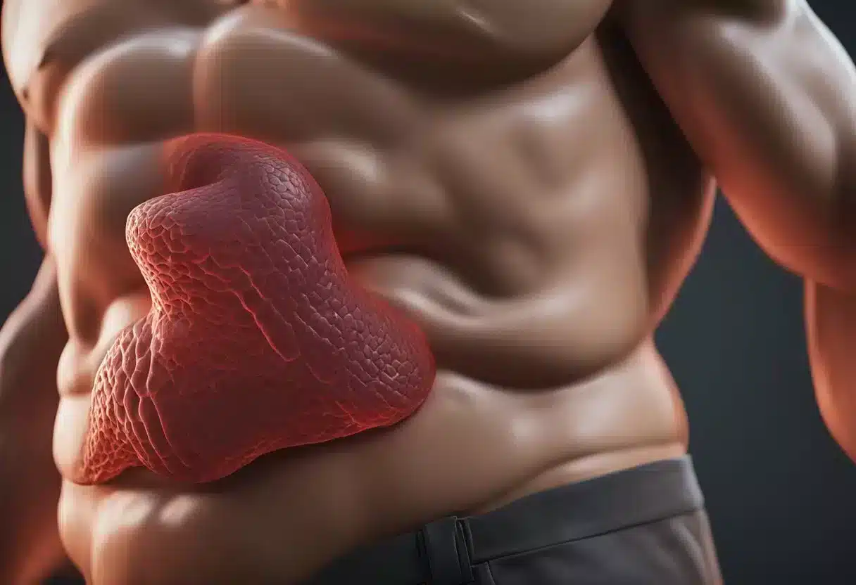 A bloated stomach with a red, inflamed gut. RYZE product nearby