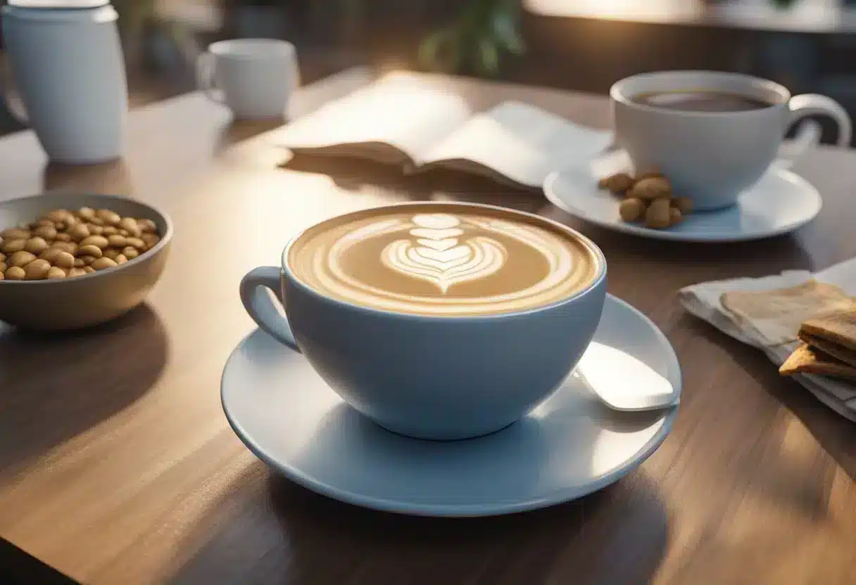 A cup of RYZE Mushroom Coffee sits on a table. A thought bubble above it shows a bloated stomach transforming into a happy, healthy gut