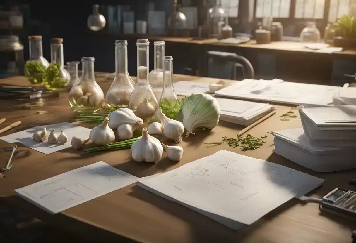 A lab table with garlic bulbs, test tubes, and scientific equipment, surrounded by research papers and charts showing the benefits of garlic