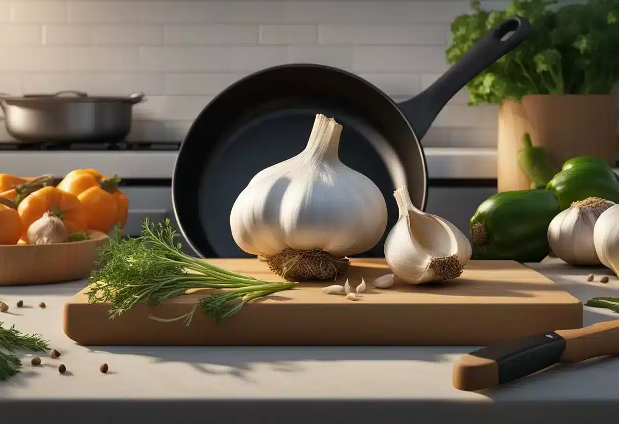 Garlic cloves being chopped and added to a sizzling pan of vegetables. A garlic bulb and cloves on a cutting board next to fresh herbs