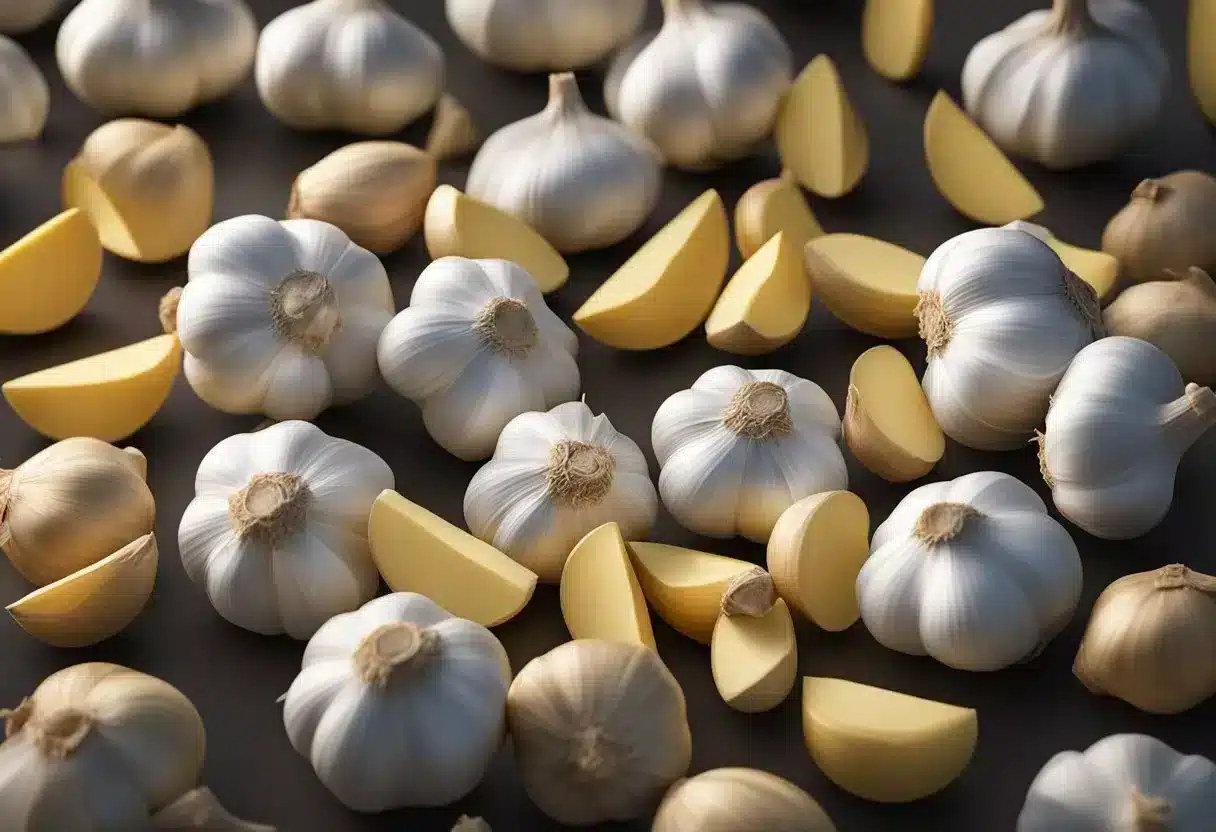 Garlic cloves and supplements surrounded by caution labels, with a list of potential side effects and interactions highlighted