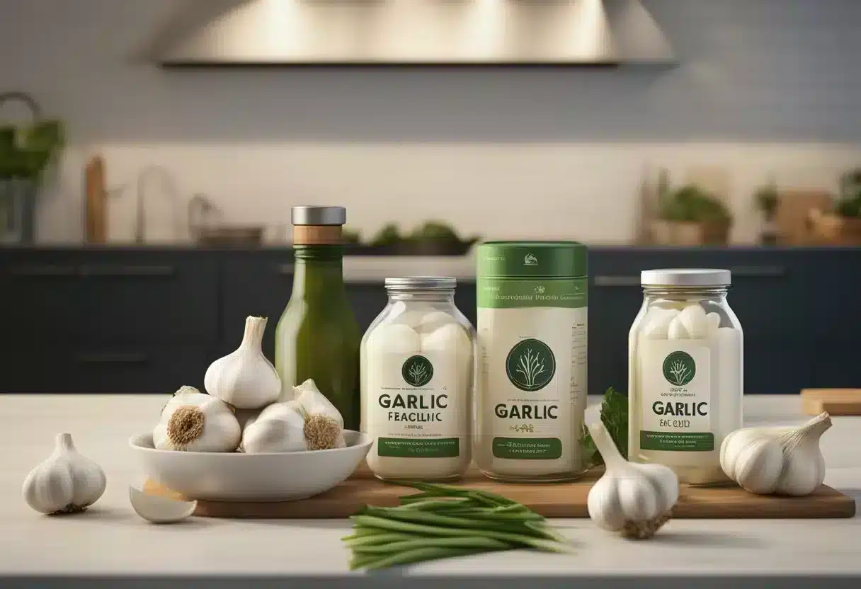 A table with various garlic products and a banner with "Frequently Asked Questions: Garlic Benefits" displayed prominently