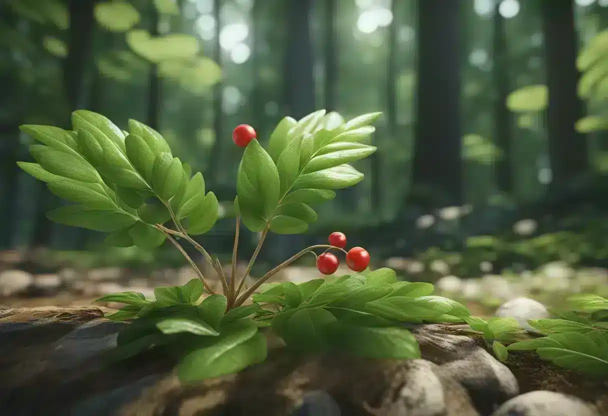 A lush forest scene with sunlight filtering through the canopy, highlighting the vibrant green leaves of ginseng plants