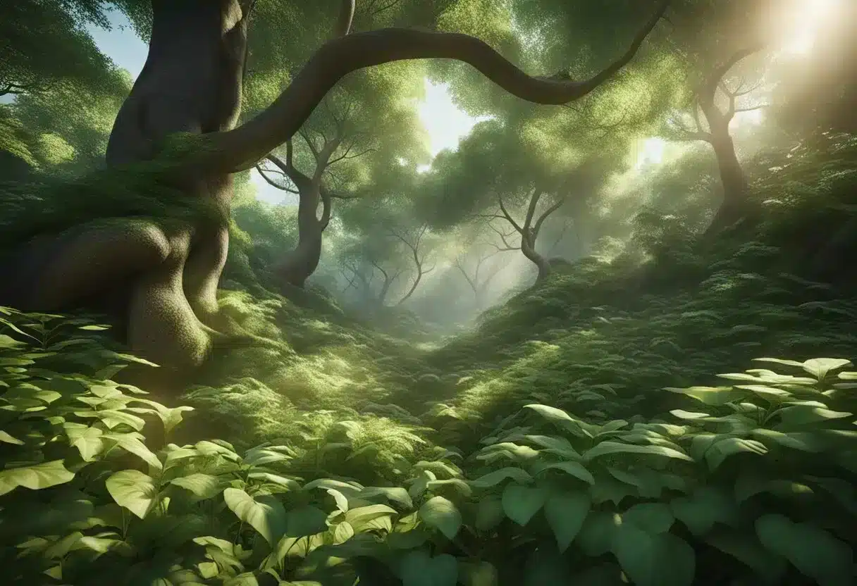 A lush forest with ginseng plants thriving in the dappled sunlight, surrounded by diverse flora and fauna