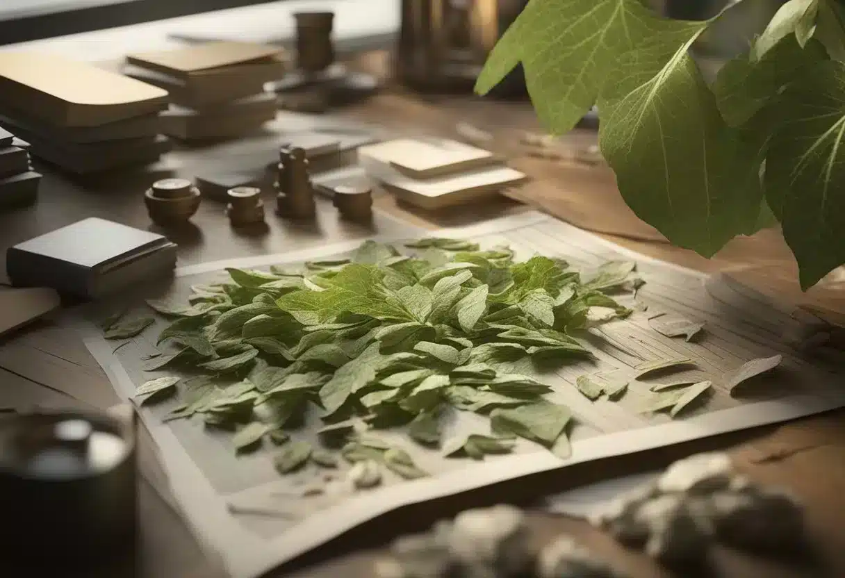A table covered in ginseng roots, leaves, and scientific papers. A researcher examines a microscope slide