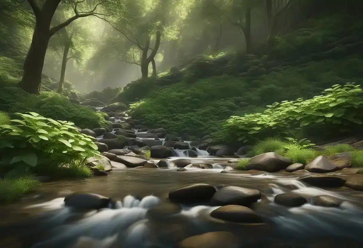 Ginseng plants thrive in a lush forest, their vibrant green leaves and red berries stand out against the earthy backdrop. A stream trickles nearby, providing the necessary moisture for the plants to flourish