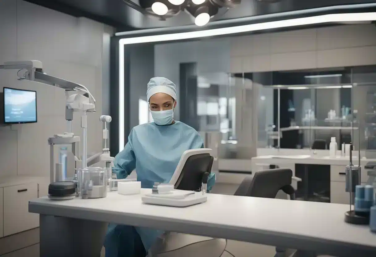 A professional setting with a sterile environment, a microneedling device, and a client's skin prepped for treatment