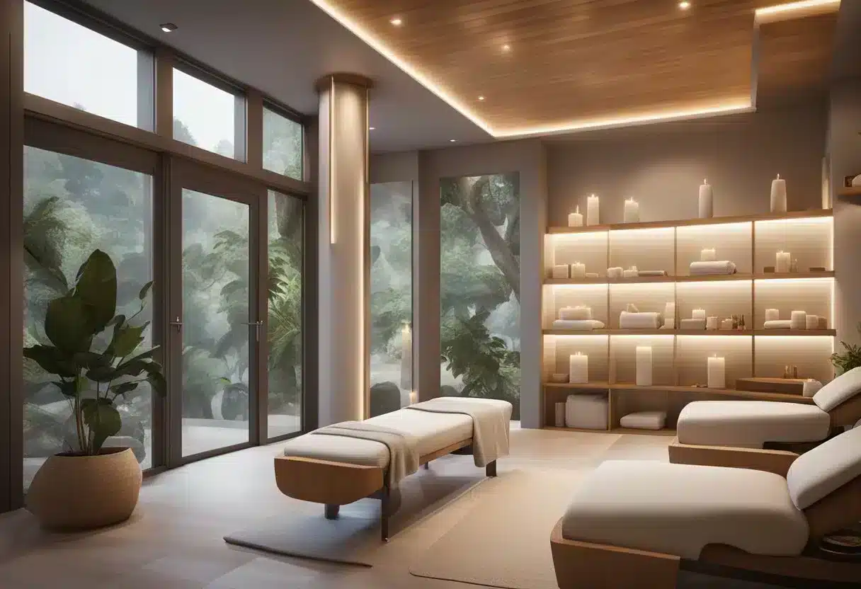 A serene spa room with a microneedling device, soft lighting, and a relaxing atmosphere