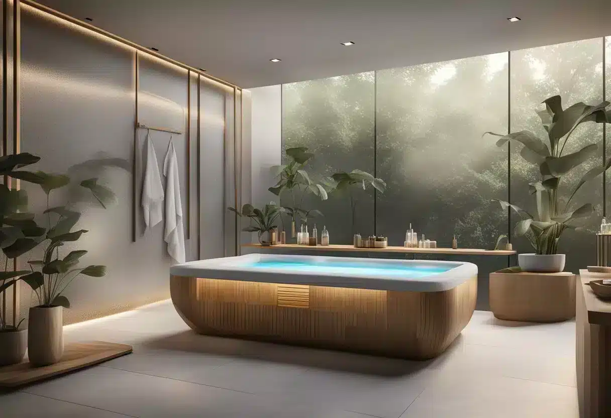 A serene spa setting with a professional microneedling device and soothing skincare products displayed, emphasizing safety and benefits