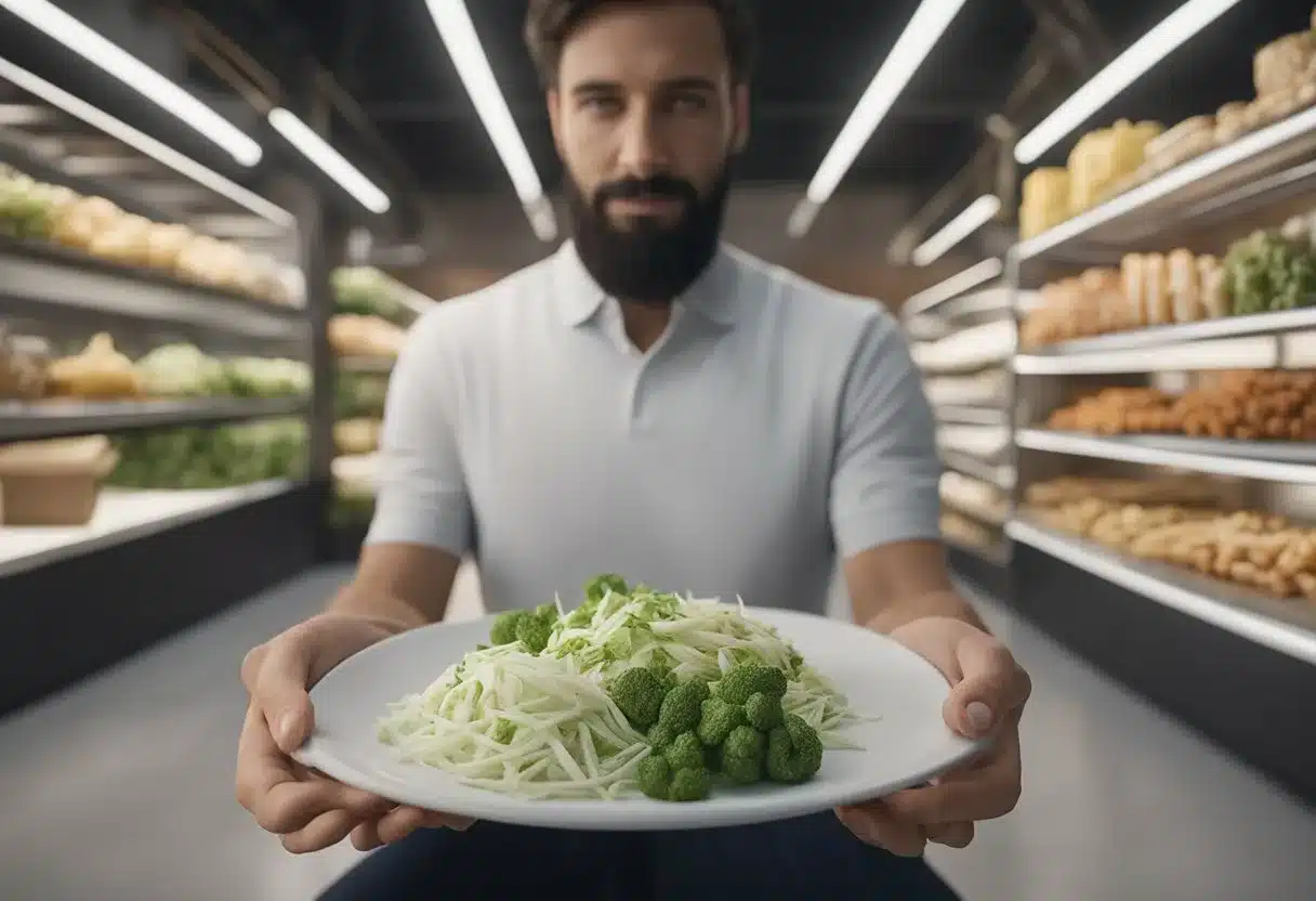 A person holding a plate with foods like ginger, peppermint, and fennel, while avoiding gas-inducing foods like beans and carbonated drinks