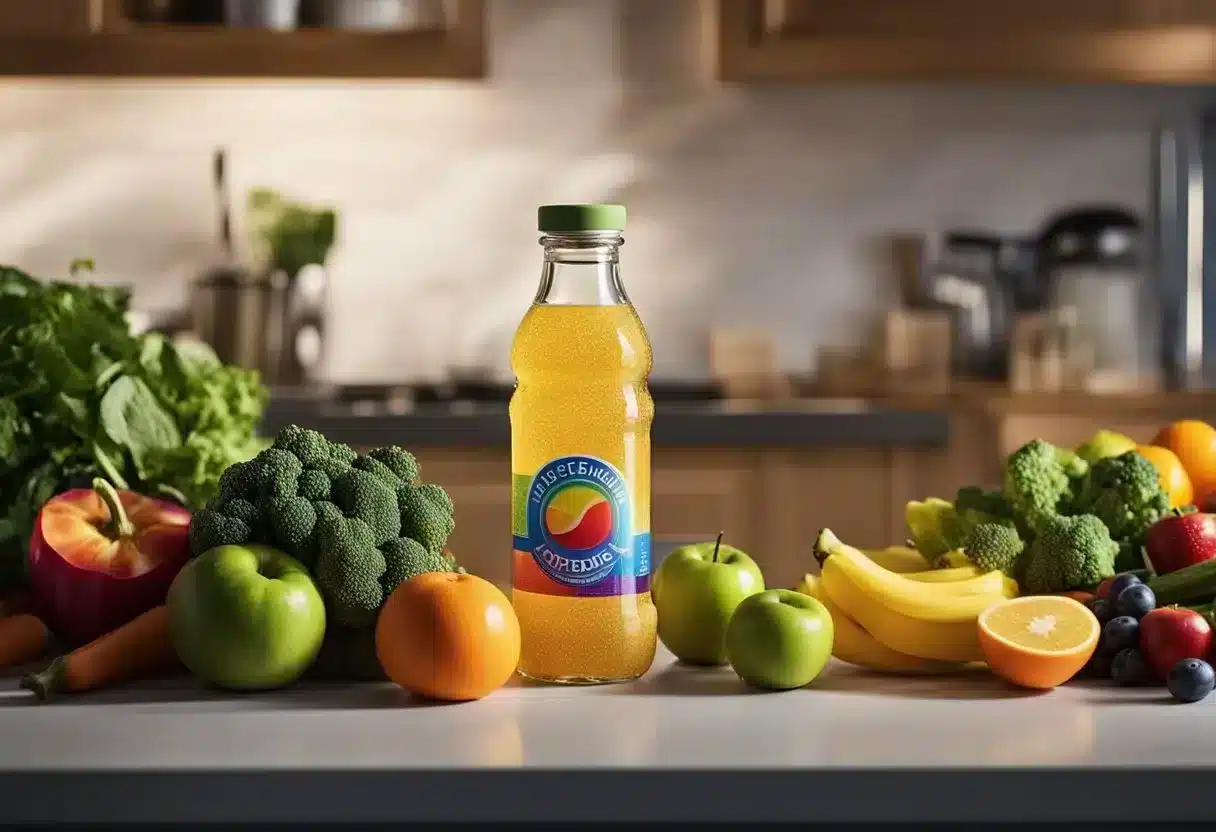 A colorful bottle of Sugar Defender sits on a kitchen counter, surrounded by fresh fruits and vegetables. A glowing halo of light shines down on the bottle, emphasizing its importance