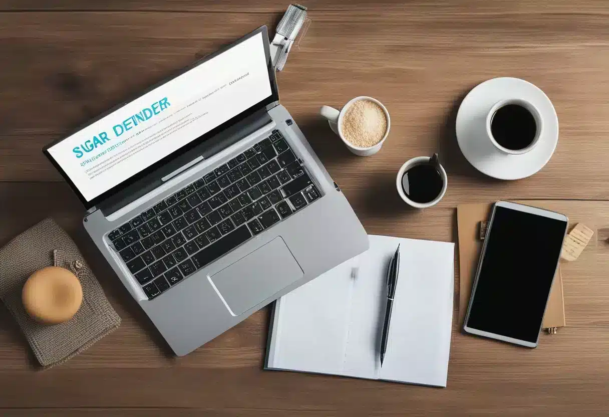 A table with a laptop open to a website titled "Frequently Asked Questions Sugar Defender Review." A pen and notepad sit nearby
