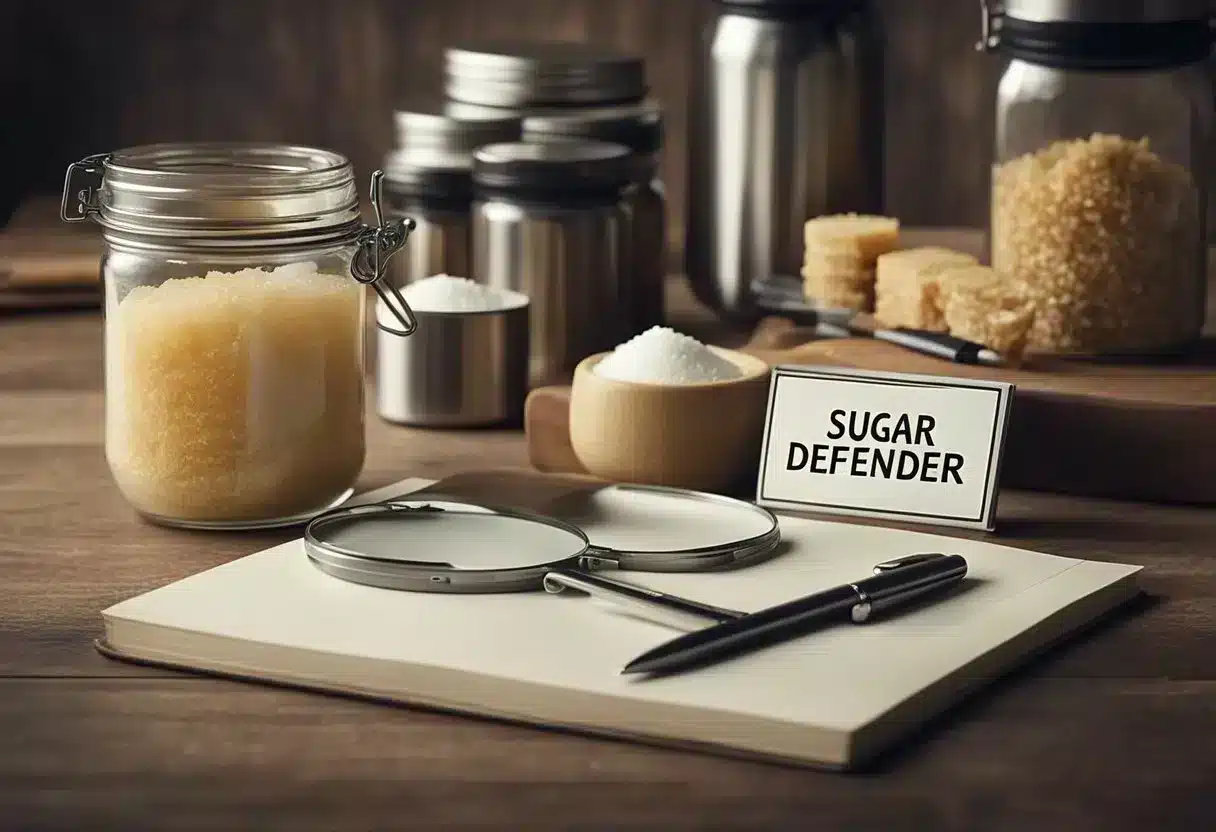 A table with two jars of sugar, one labeled "sugar defender" and the other unlabeled. A magnifying glass and a notepad with a pen are next to the jars