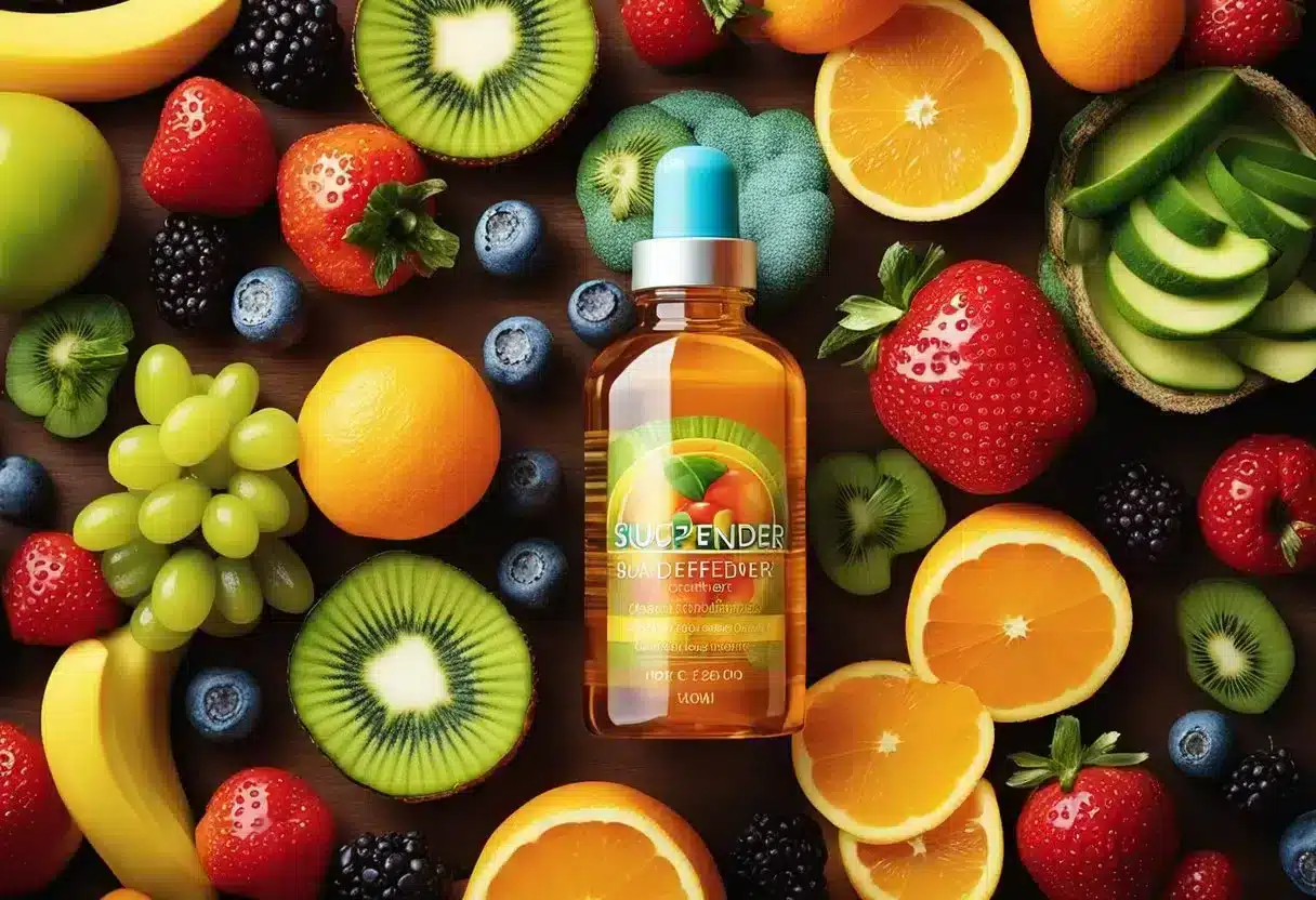 A colorful bottle of Sugar Defender supplement surrounded by fresh fruits and vegetables, with a radiant glow emanating from it