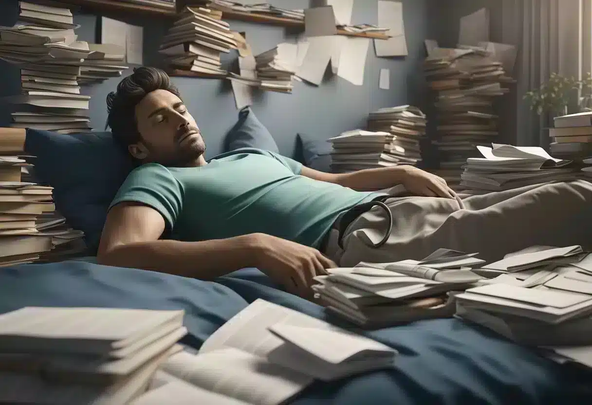 A dimly lit room with a disheveled bed and a clock showing late hours. A person sits with drooping shoulders, surrounded by empty coffee cups and crumpled papers