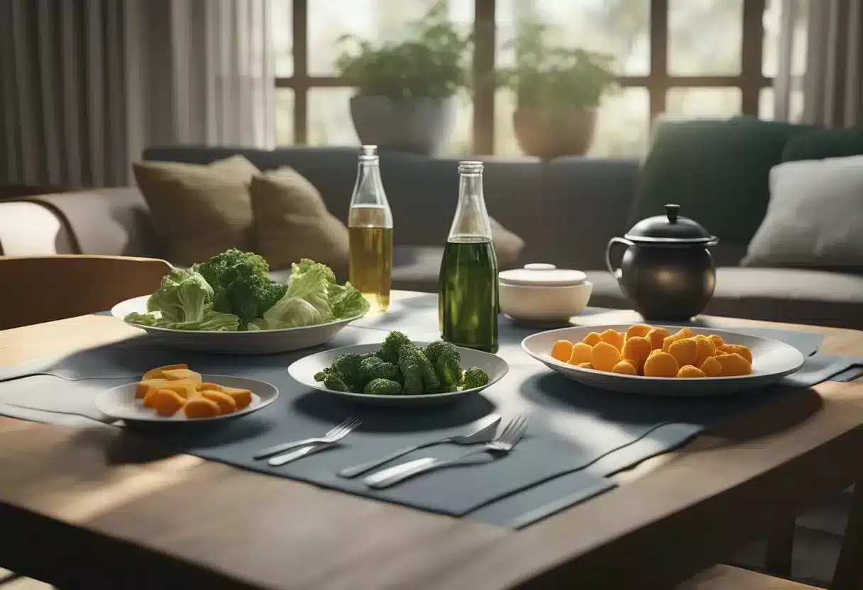 A table with empty plates, wilted vegetables, and an open bottle of vitamins. A person lies on a couch, looking exhausted