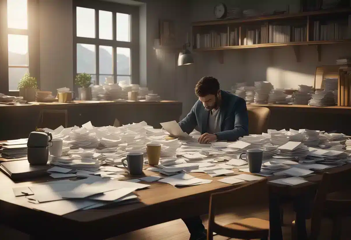 A cluttered desk with empty coffee cups, scattered papers, and a dimly lit room. A person slumped over their desk, rubbing their eyes in exhaustion