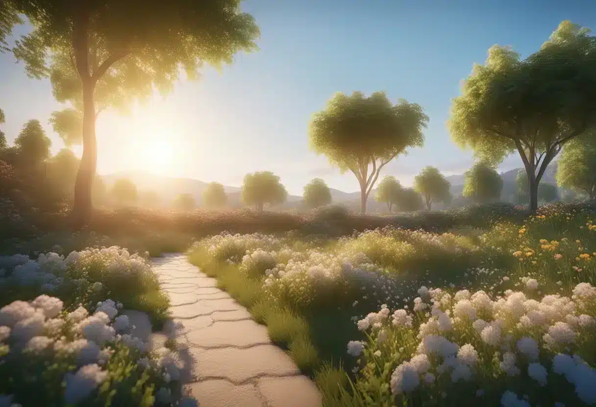 A bright, vibrant sun rises over a serene landscape, with fresh greenery and blooming flowers. A clear, blue sky and gentle breeze create a sense of rejuvenation and vitality