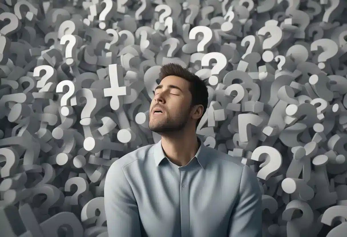 A person surrounded by question marks, yawning and rubbing their eyes