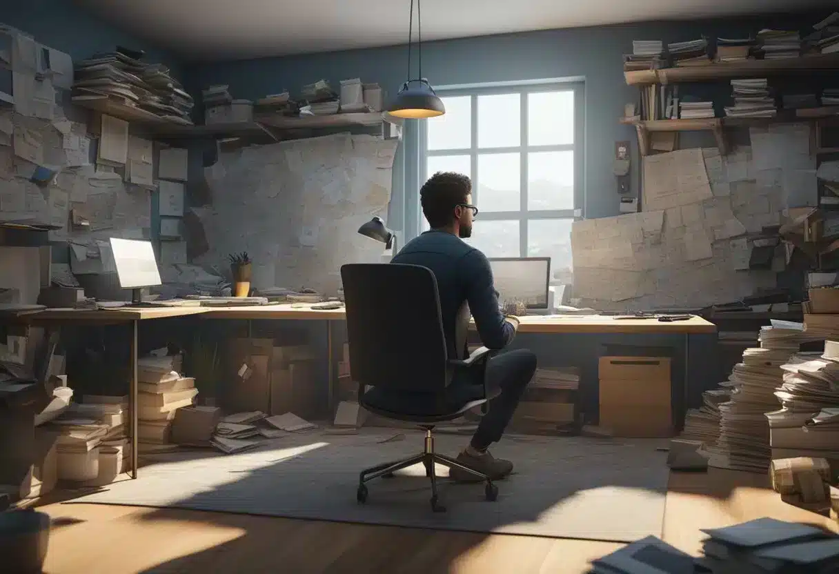 A person sitting at a desk, surrounded by clutter and looking exhausted, with a thought bubble above their head asking "why am I always tired?"