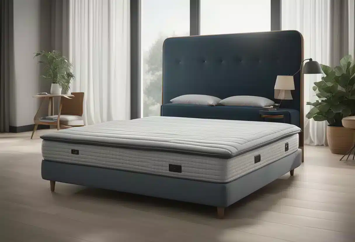 A mattress being encased in a protective cover, while a vacuum cleaner and steam cleaner are used on furniture and carpets