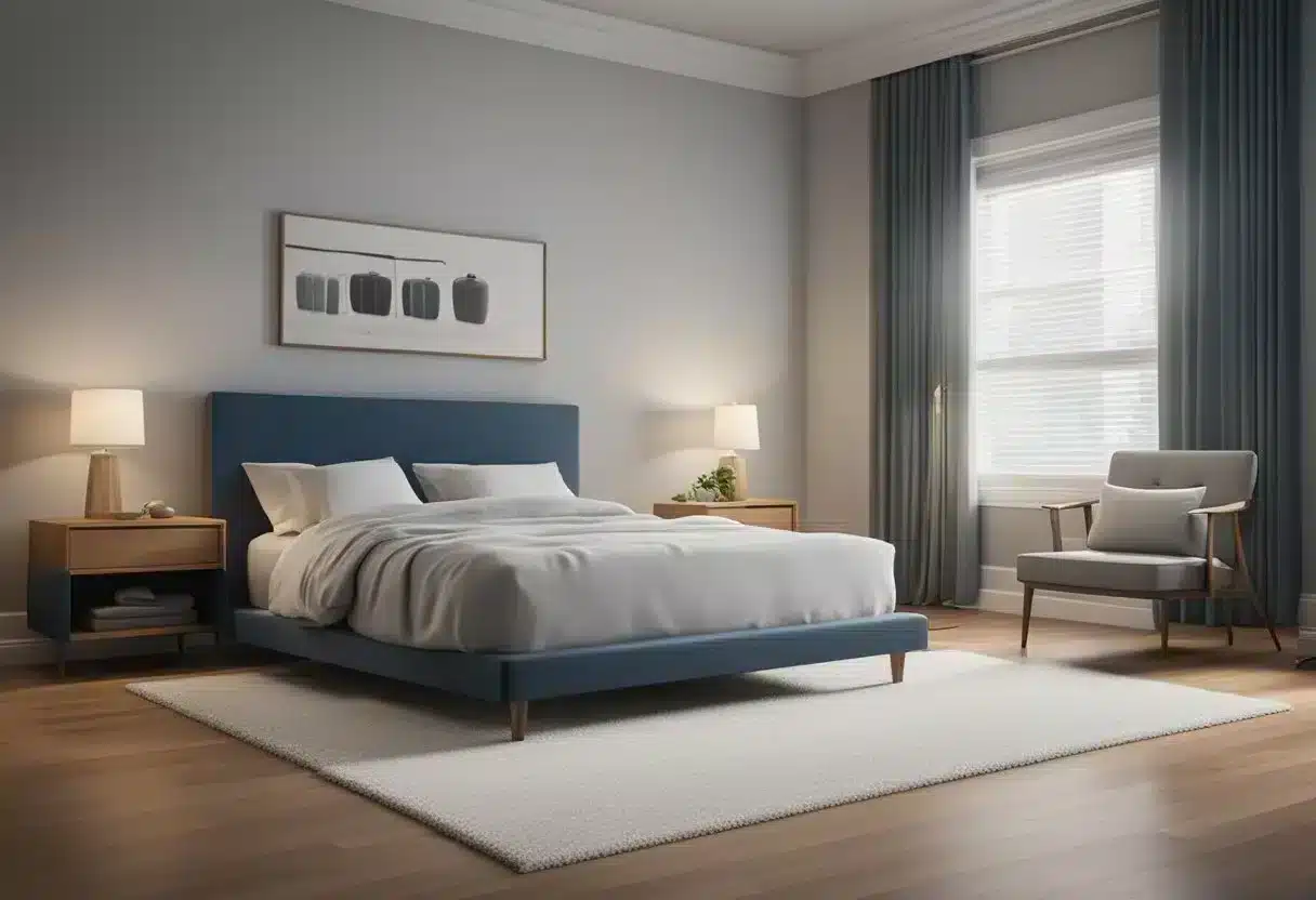 Bed bug treatment: A room with furniture covered in plastic, technician spraying insecticide, and vacuuming carpets