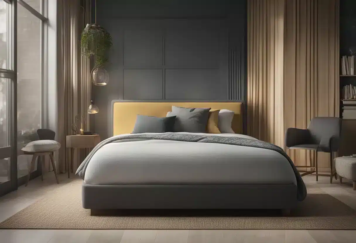 A room with a bed infested with bed bugs. A person spraying chemical treatments on the mattress, box spring, and surrounding areas