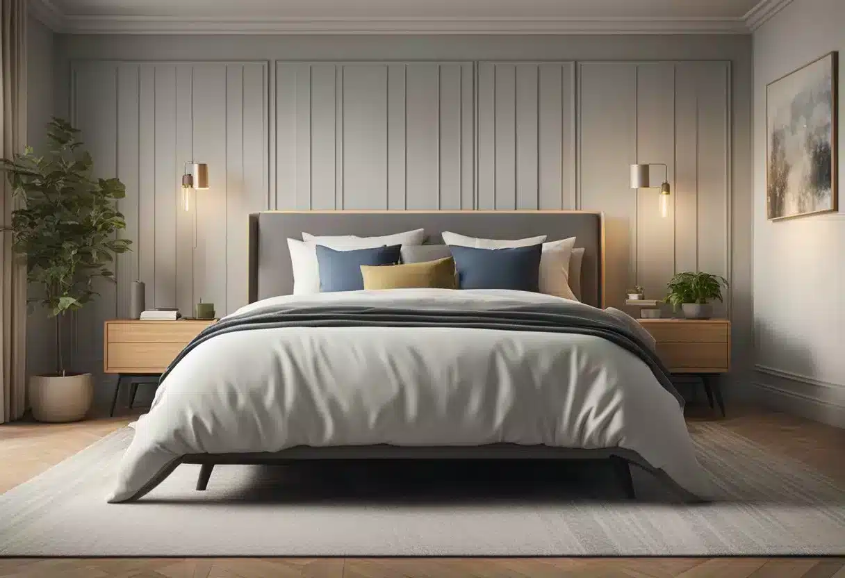 A pest control technician sprays a bedroom with insecticide to eliminate bed bugs. The room is clutter-free with a bed, nightstand, and carpet