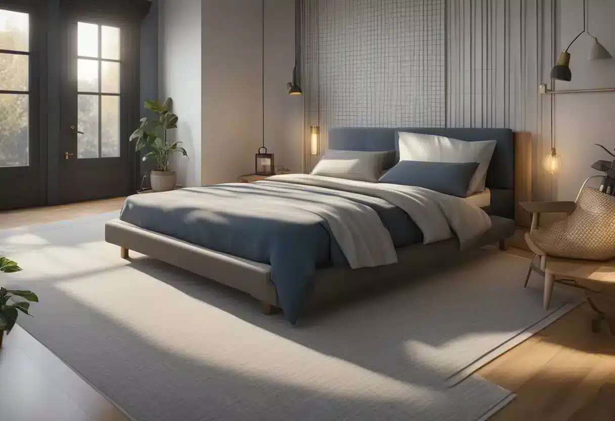 A room with a bed and furniture, bed bugs crawling on mattress and walls, exterminator spraying insecticide, vacuum cleaner removing bugs