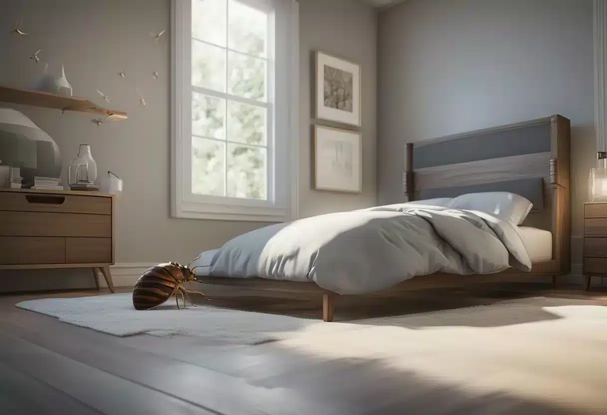 A bed bug extermination scene with vacuum, steam, and sealing cracks