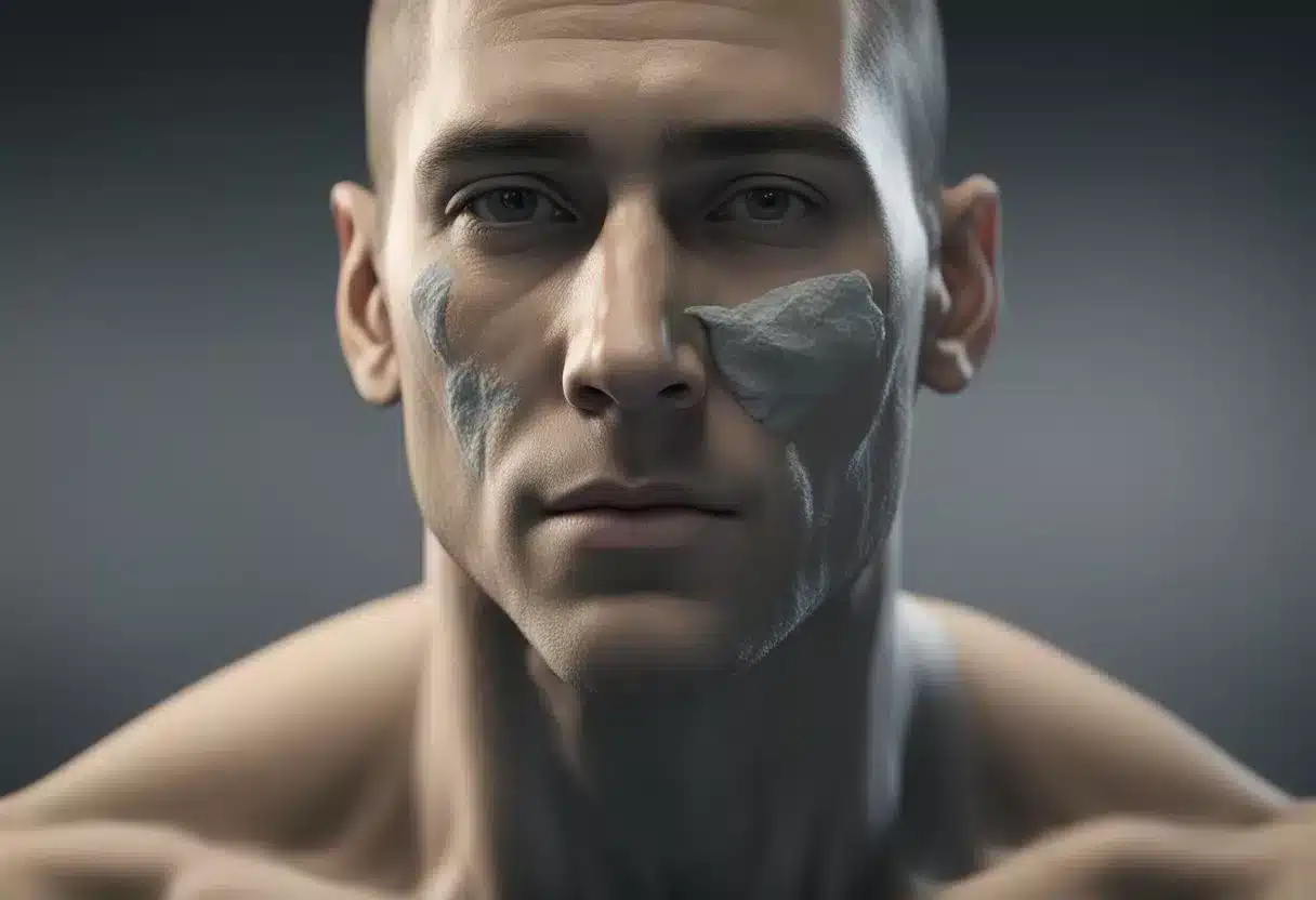 A person with a degloved face injury, showing exposed facial muscles and tissue, with visible signs of trauma and swelling