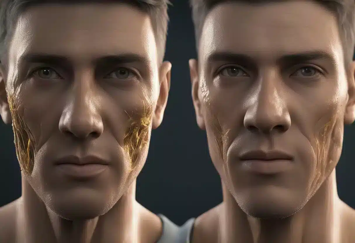 A face with torn, exposed tissue, revealing muscle and bone. Blood and tissue are visible, indicating a severe degloving injury