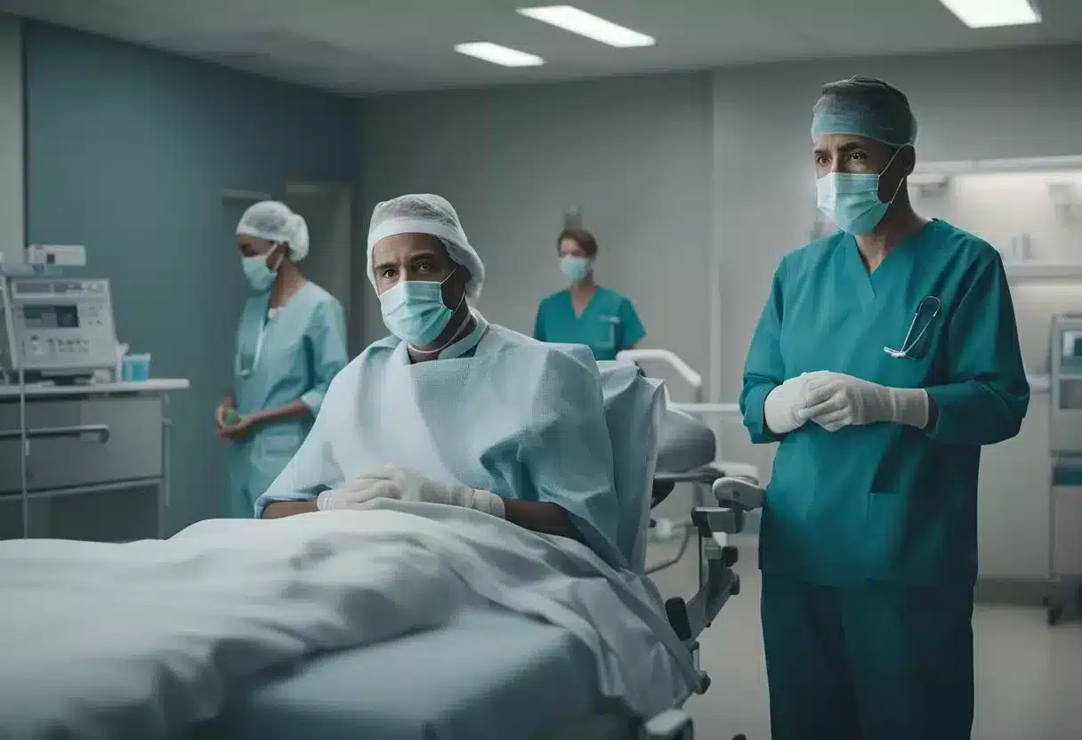 An individual with a degloved face injury sits in a hospital room, surrounded by concerned medical professionals. The patient's face is swollen and disfigured, with visible tissue damage and exposed bone