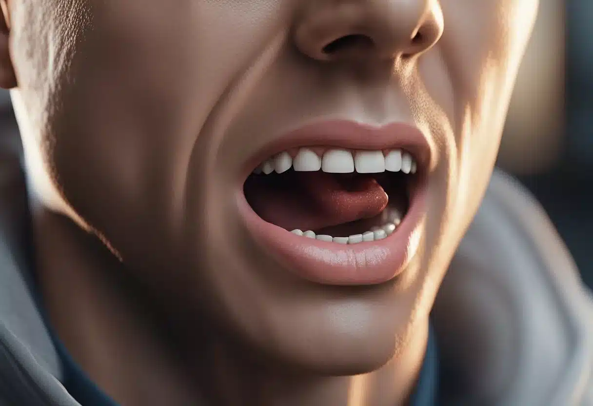 A mouth with painful sores, red and inflamed, causing discomfort and difficulty eating and speaking