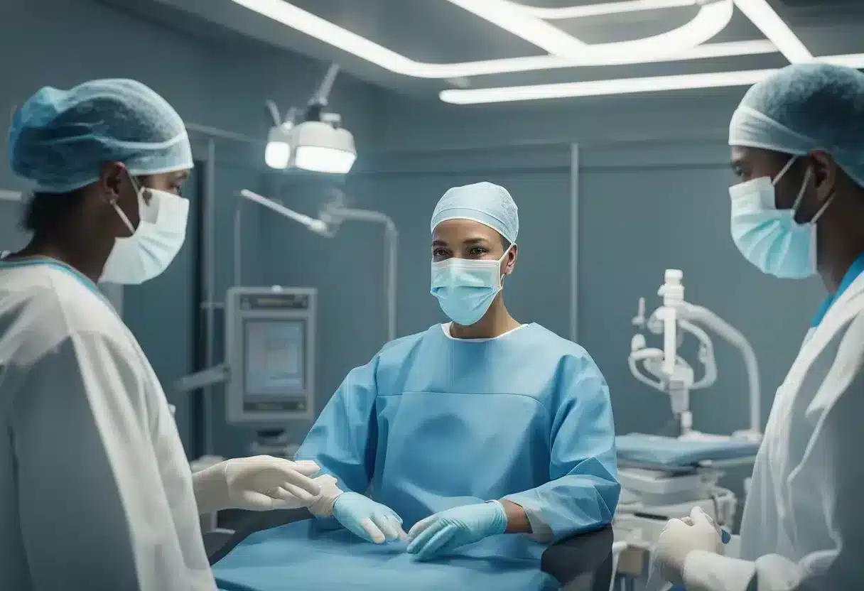 Medical professionals discussing treatment options for degloved face injuries. Models and diagrams are used to demonstrate surgical procedures and post-operative care