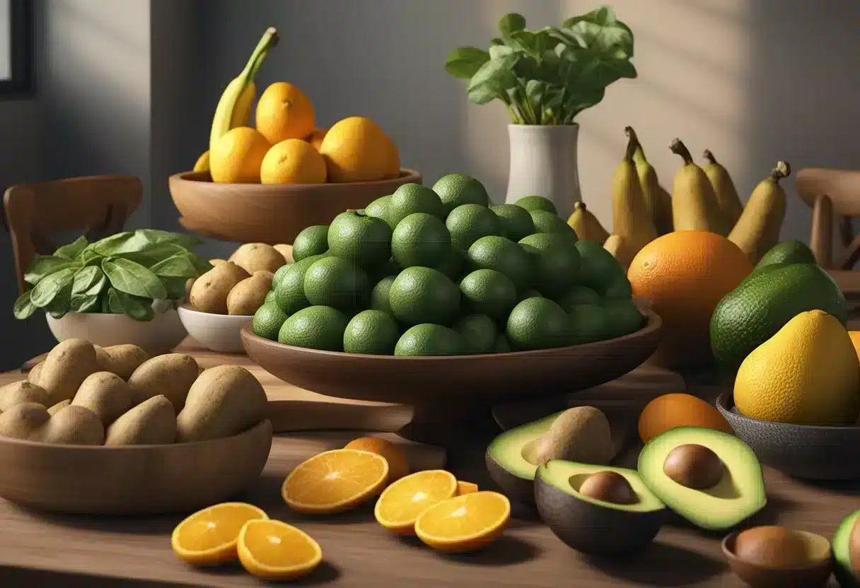 A table with a variety of potassium-rich foods: bananas, sweet potatoes, spinach, avocados, and oranges