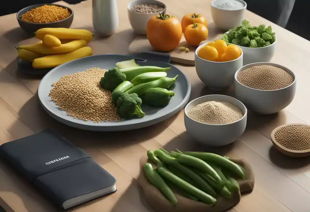 A table set with various containers of protein, vegetables, and grains. A notepad and pen for planning. A gym bag in the background