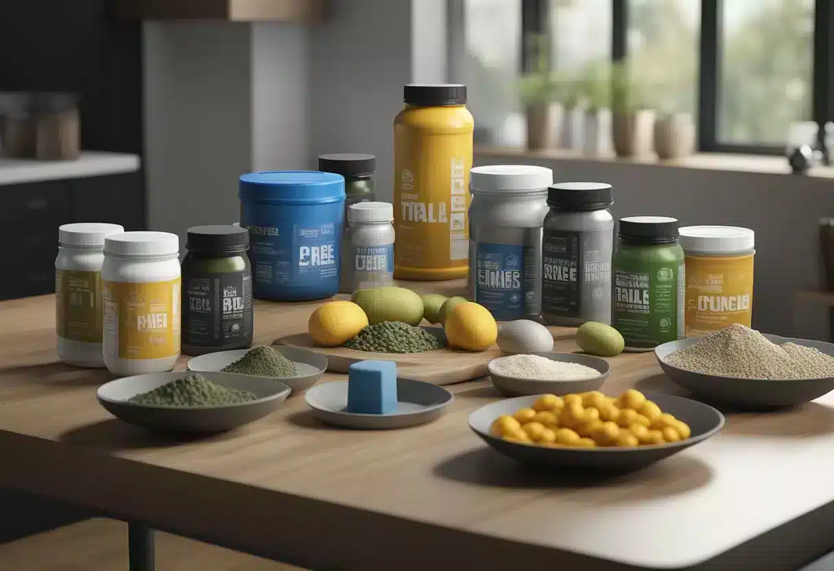 A table with various supplements, protein powders, and meal containers arranged for muscle building