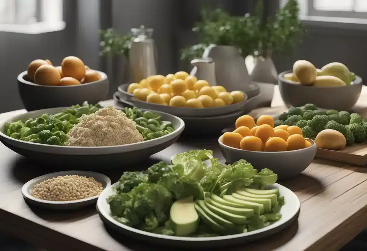 A table set with various healthy food items, including lean proteins, complex carbohydrates, and vegetables, with a meal plan chart and a list of frequently asked questions about bodybuilding nutrition