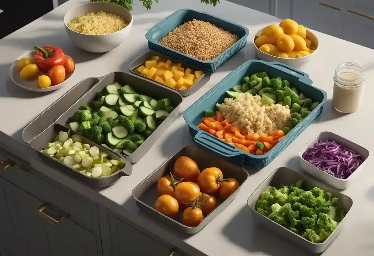 A kitchen counter with various containers of prepped food, a cutting board with chopped vegetables, and a meal prep guide open on the counter