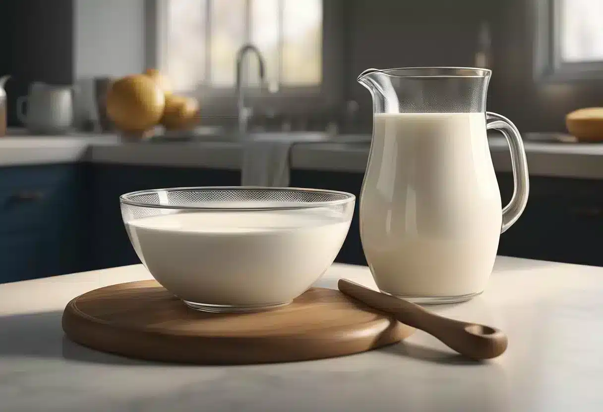 A bowl of milk and a whisk sit on a counter. The milk is being vigorously whipped until it thickens into heavy cream